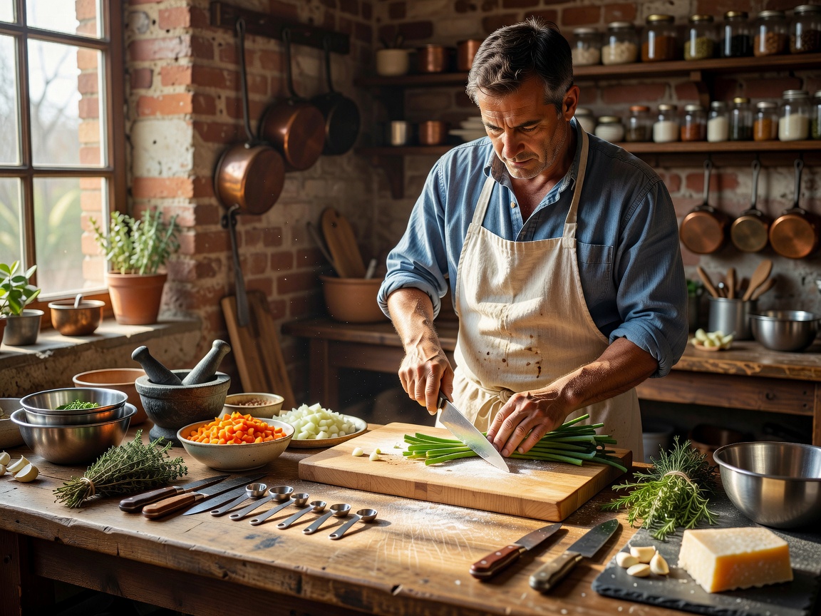 Cook practising ingredient preparation with tools arranged on a workbench