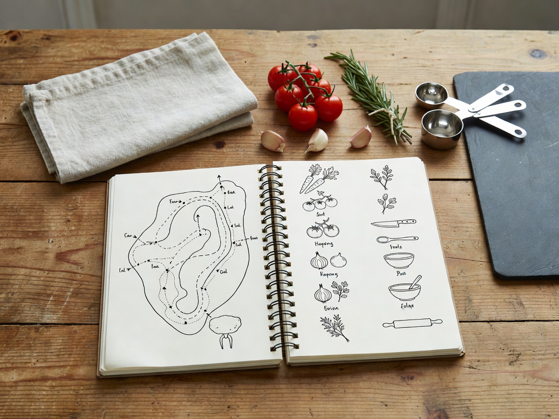 Culinary planning notebook with route notes, ingredients and kitchen tools