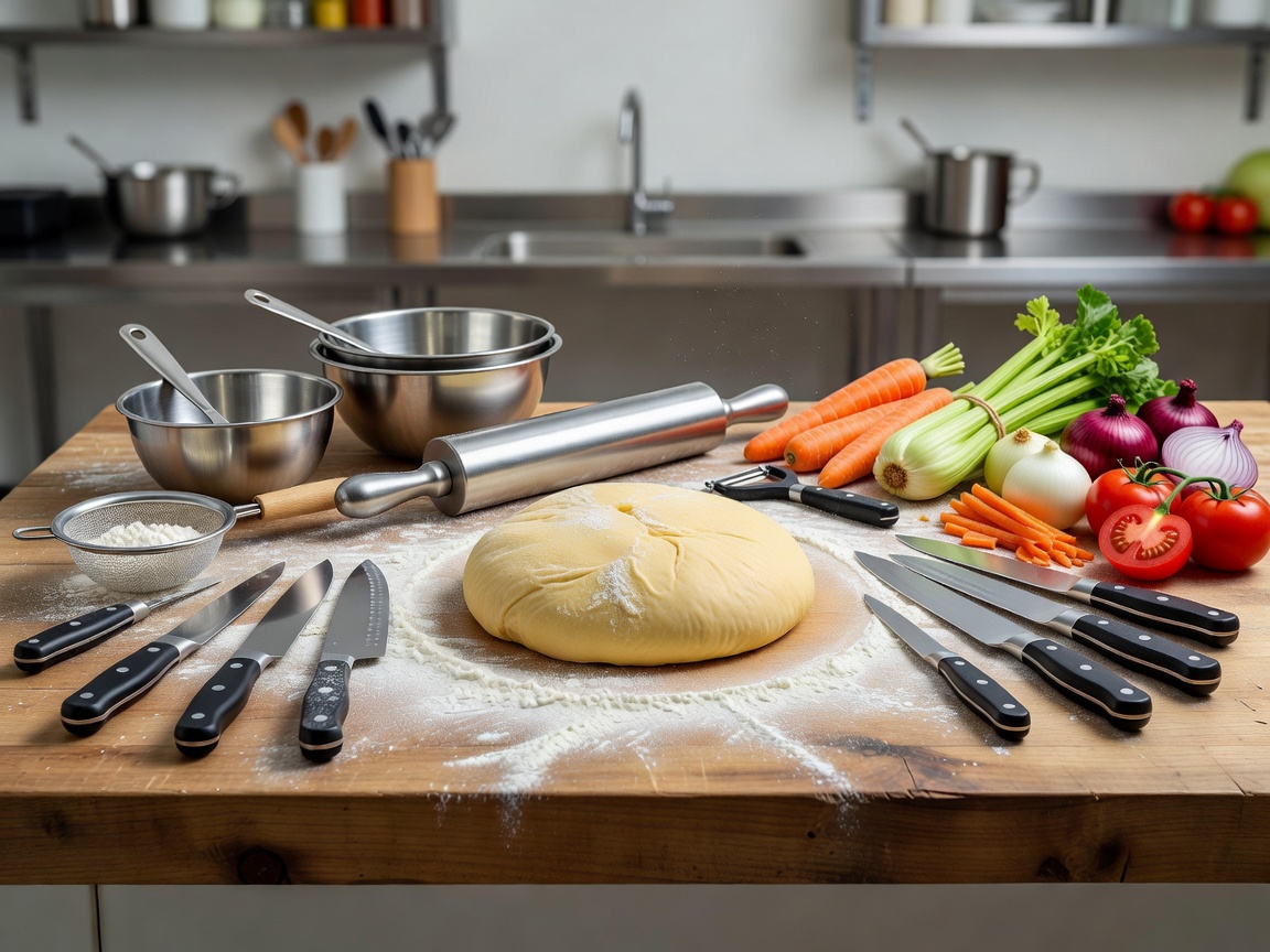 Culinary tools, dough and vegetables prepared for skills practice