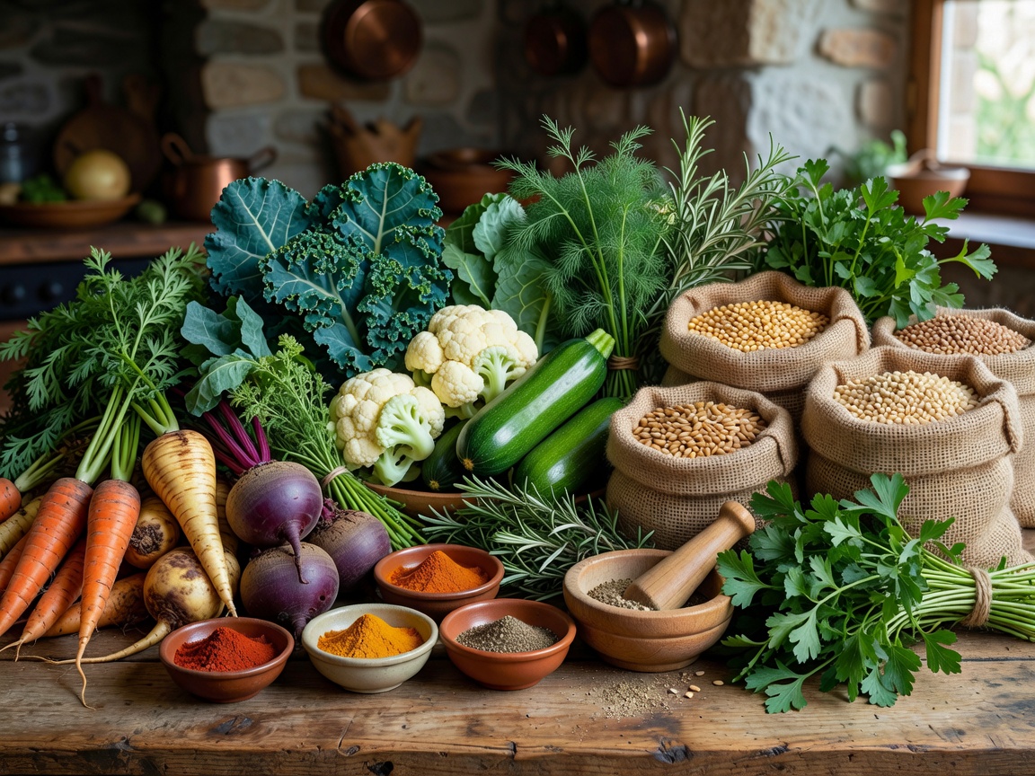 European market vegetables, herbs and grains prepared for regional cooking study