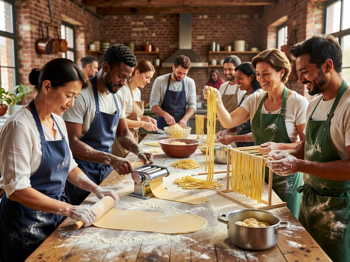 Learners preparing pasta together at a cooking workshop