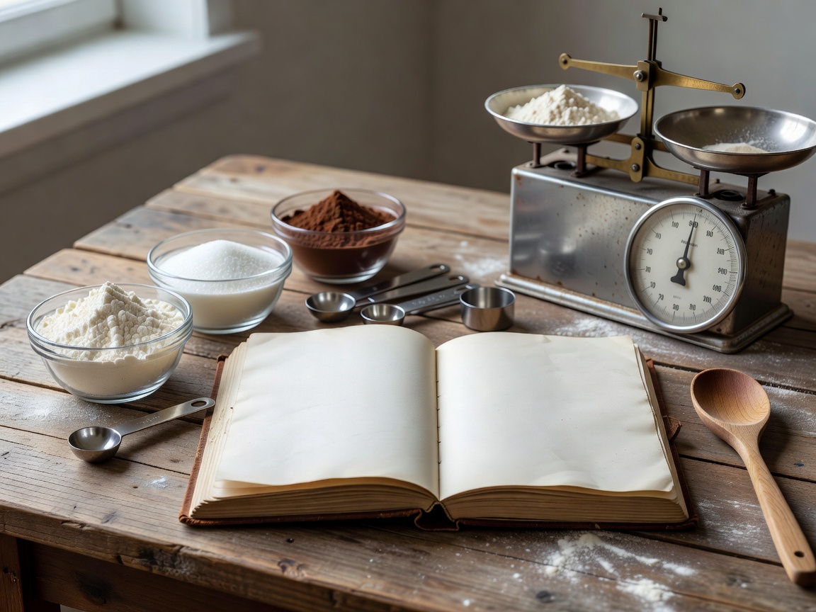 Open culinary notebook beside measured ingredients and utensils