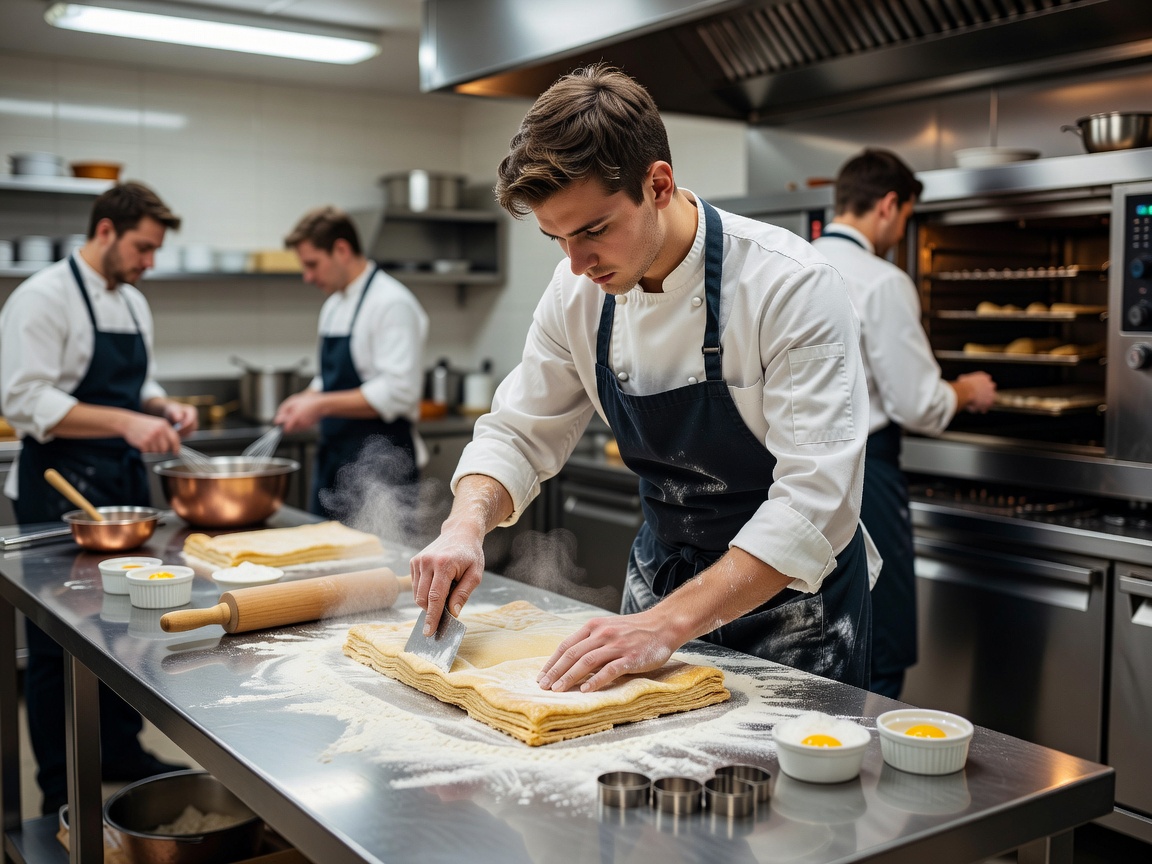 Pastry learner working at a professional kitchen bench