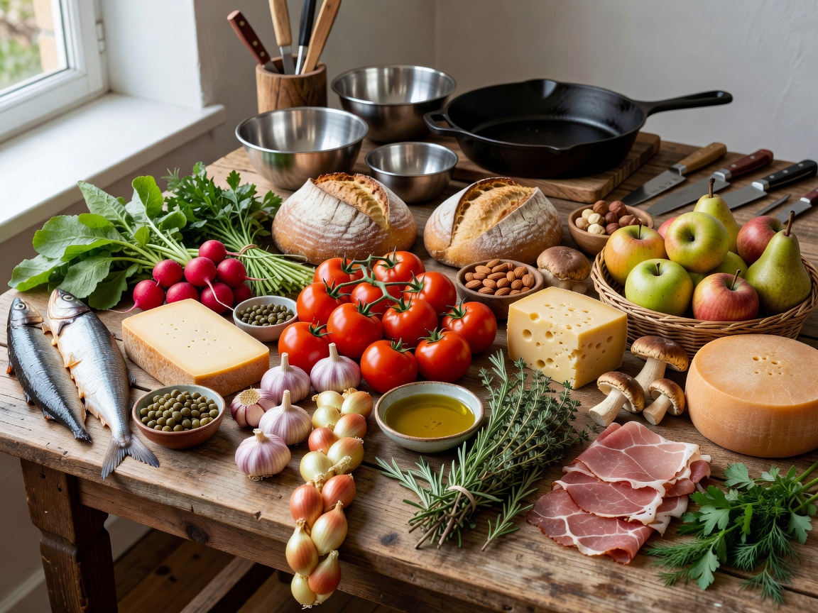 Regional European ingredients arranged for a cooking workshop