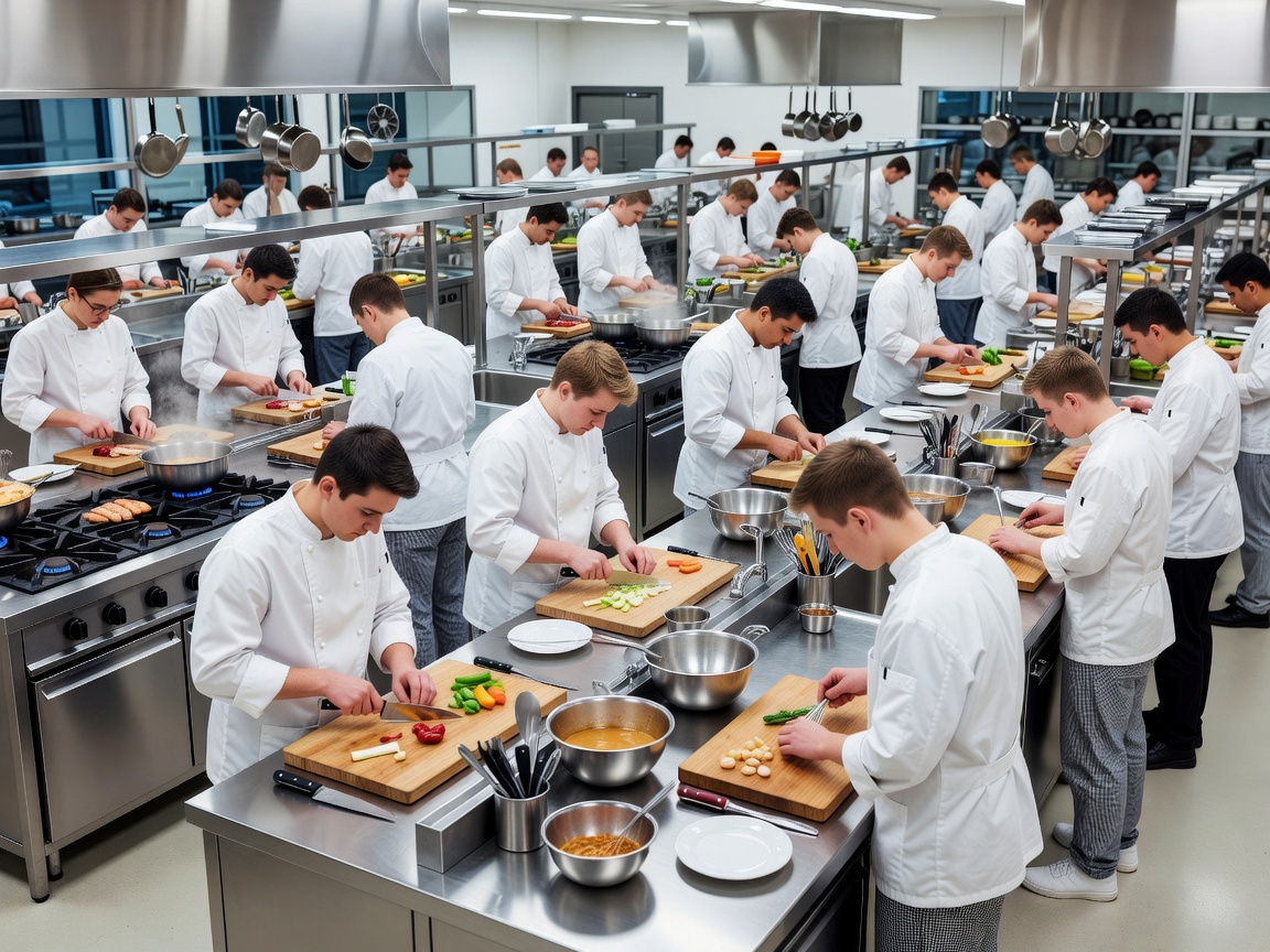 Students working at stainless steel kitchen stations